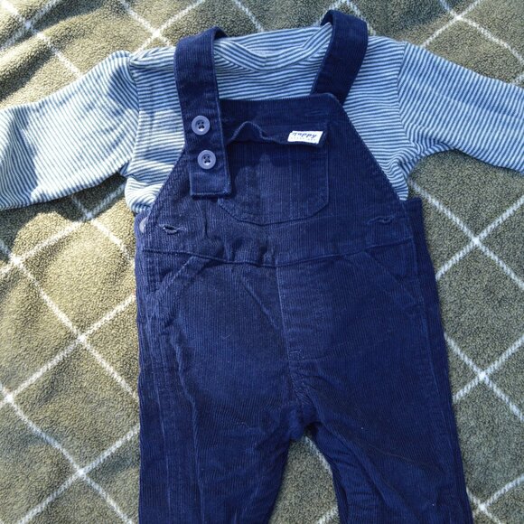 Blue Corduroy Overalls and Stripe Shirt set 3M - Picture 1 of 2